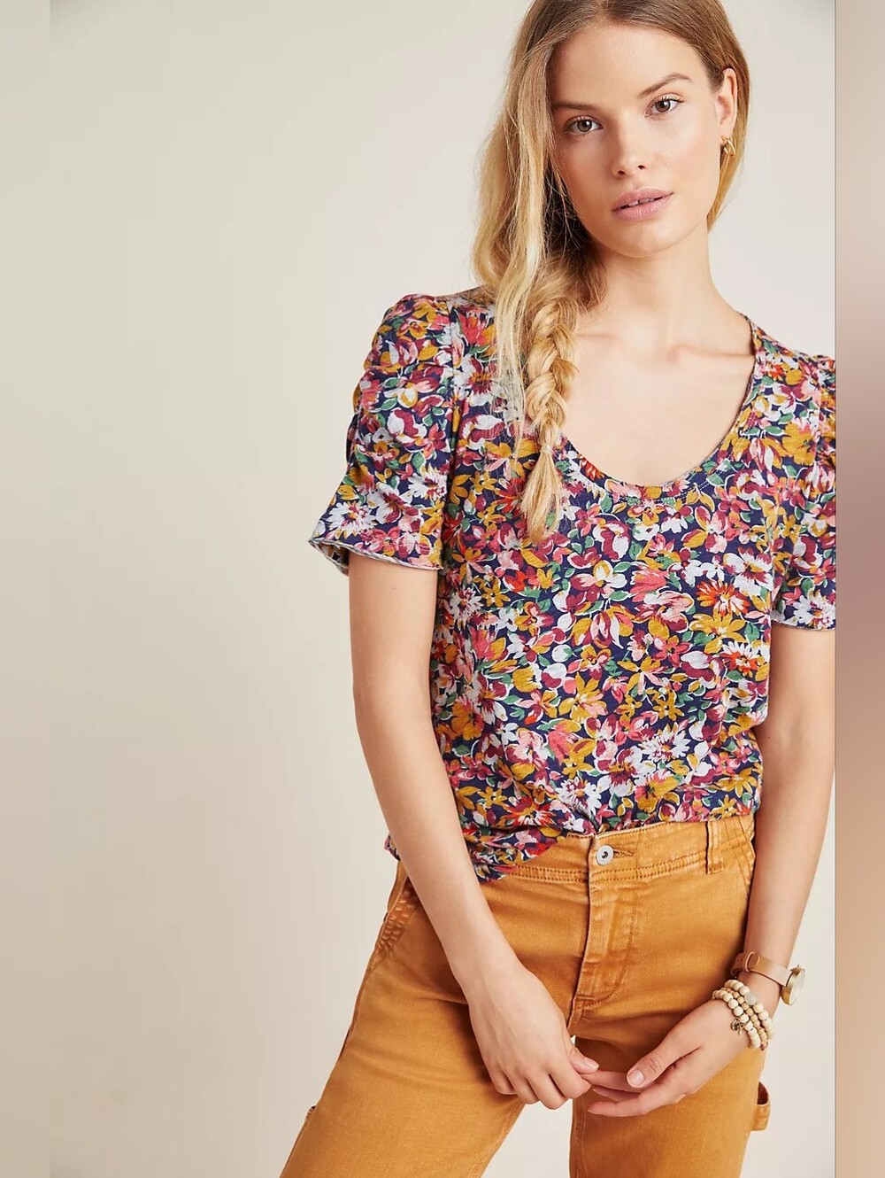 Maeve | Saralee Sheer-Ruched Navy Floral Scoop Neck Top Size Large